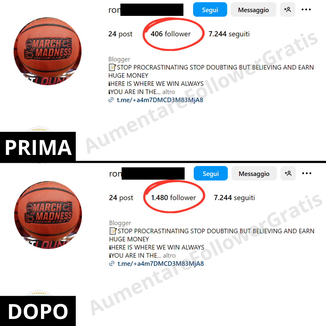 Profilo Instagram che mostra l'incremento dei follower grazie al nostro servizio gratis