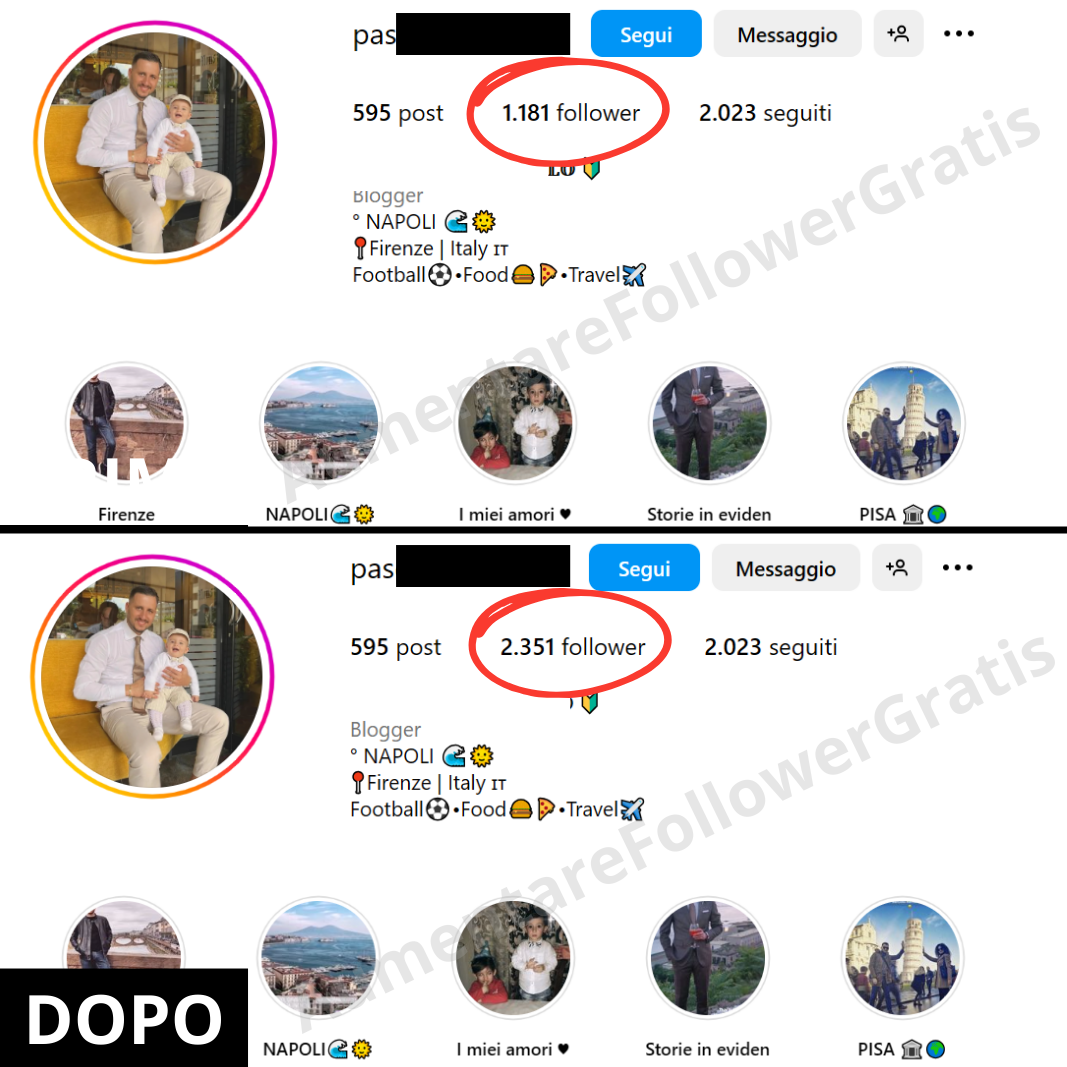 Profilo Instagram con crescita di follower mostrata in uno screenshot prima e dopo